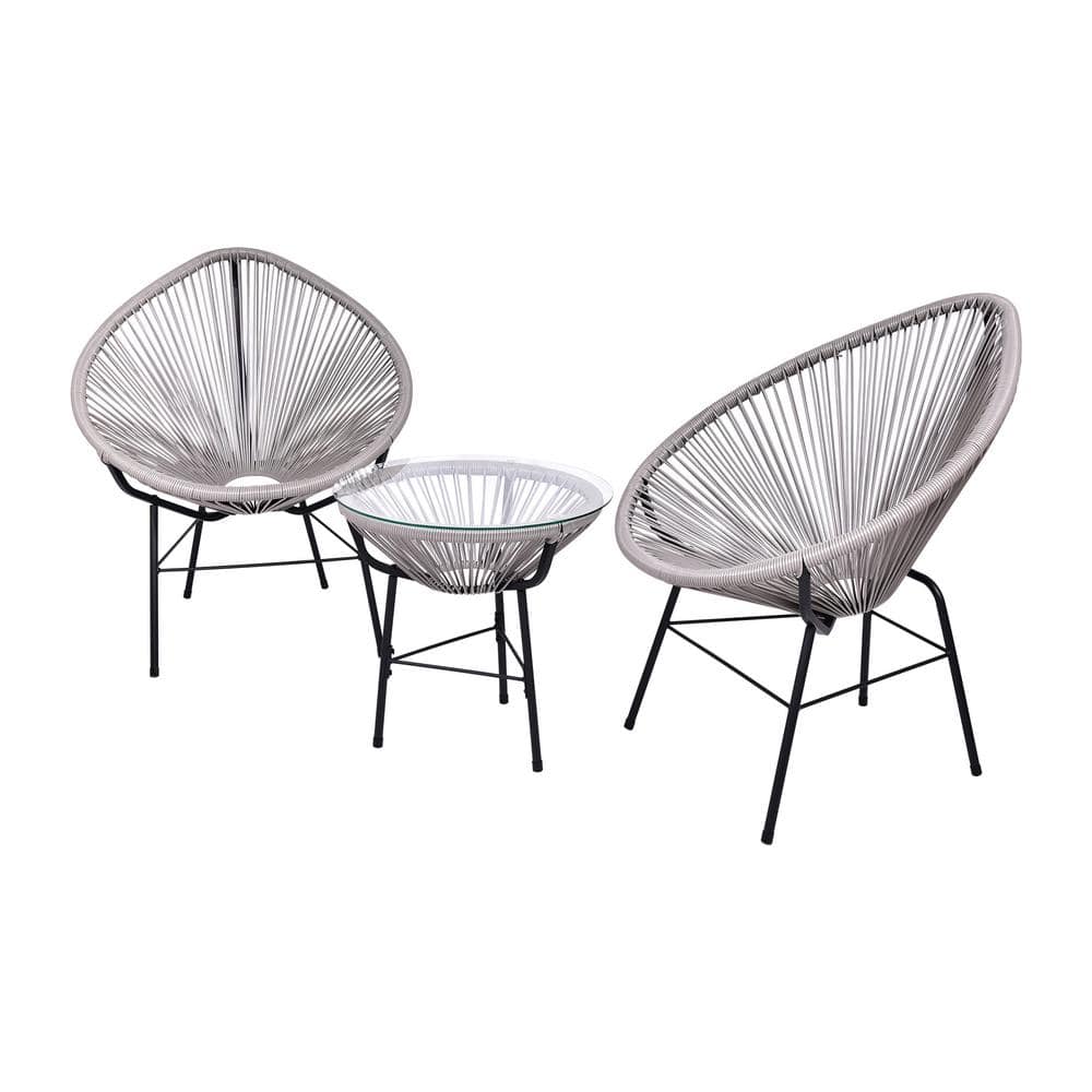 Gray 3-Piece PE Plastic Rattan Outdoor Bistro Set 2 Chairs with Glass Top C