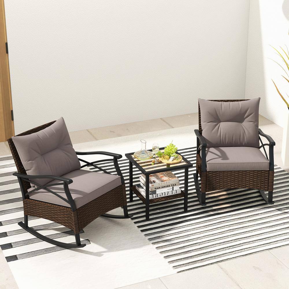 3-Pieces Wicker PE Rattan Patio Conversation Set Rocking Chairs Set with Gray Cushions, 2-Tier Side Table price history on PriceWatchPro
