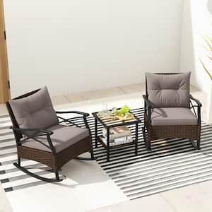 3-Pieces Wicker PE Rattan Patio Conversation Set Rocking Chairs Set with Gray Cushions, 2-Tier Side Table