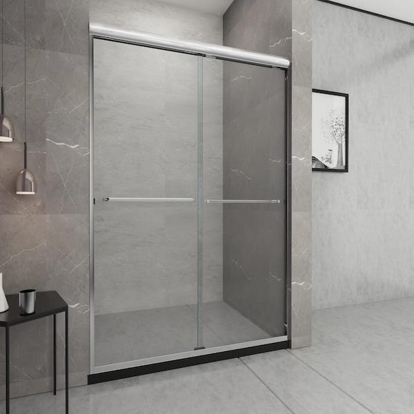 TaiMei 60 in. W x 72 in. H Sliding Semi-Frameless Shower Door in Brushed Nickel with Clear Glass and Handles
