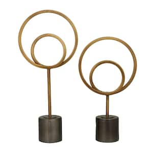 Gold Metal Circle Geometric Sculpture with Black Base (Set of 2)