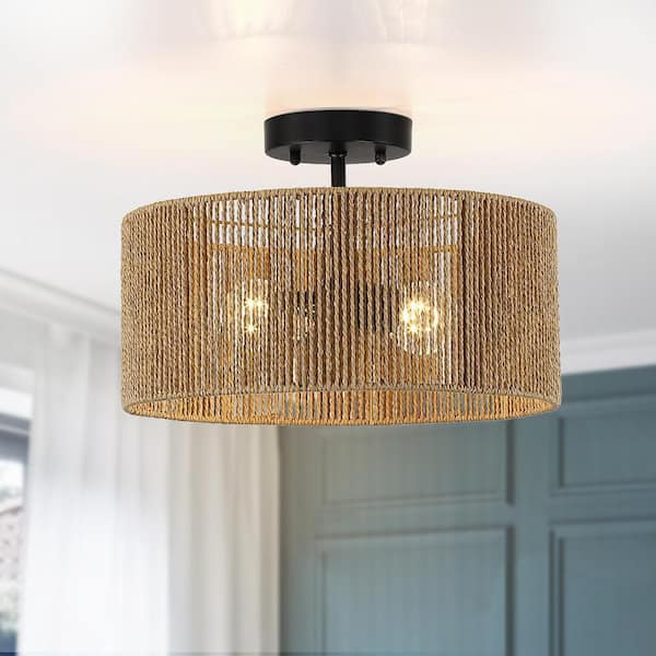 Bohe 14 in. 2-Light Woven Rope Drum Semi-Flush Mount Ceiling Light