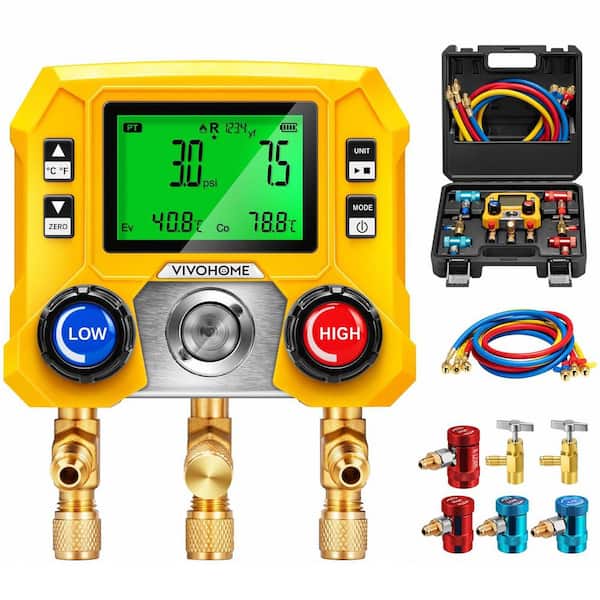 Digital HVAC Manifold Gauge Set with R134a R1234YF Quick Couplers and Can Taps