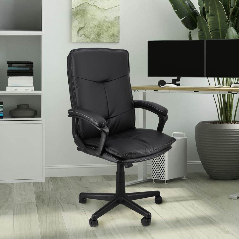 Faux Leather Adjustable Height Office Chair in Black High Back Tufted with 