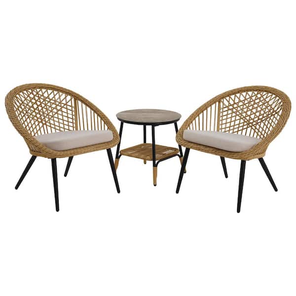 Clihome 3-Piece Rattan Patio Bistro Set with Ceramic Tempered Glass 2-tier Coffee Table, Gray Cushions