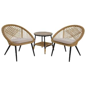 3-Piece Rattan Patio Bistro Set with Ceramic Tempered Glass 2-tier Coffee Table, Gray Cushions