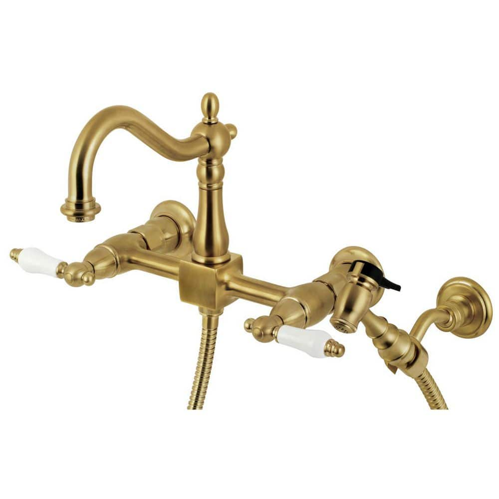 Kingston Brass Heritage 2-Handle Wall Mount Kitchen Faucets with Brass ...