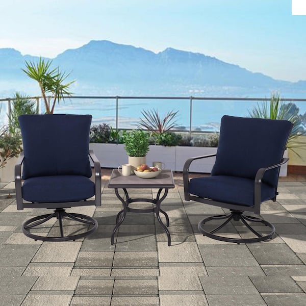 CASUAL WORLD 3-Piece Aluminum Outdoor All-Weather Chat Set, 2-Swivel Rocking Chairs W/ Cushion and Tile Top Bistro Table