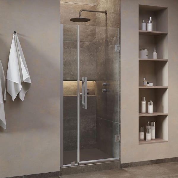 Panama 35.08 in. Max Width x 72.01 in. H Pivot Alcove Frameless Shower Door in Satin Nickel