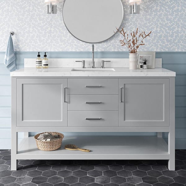 ARIEL Bayhill 60 in. Single Sink Freestanding Bathroom Vanity in Gray with Carrara White Quartz Top