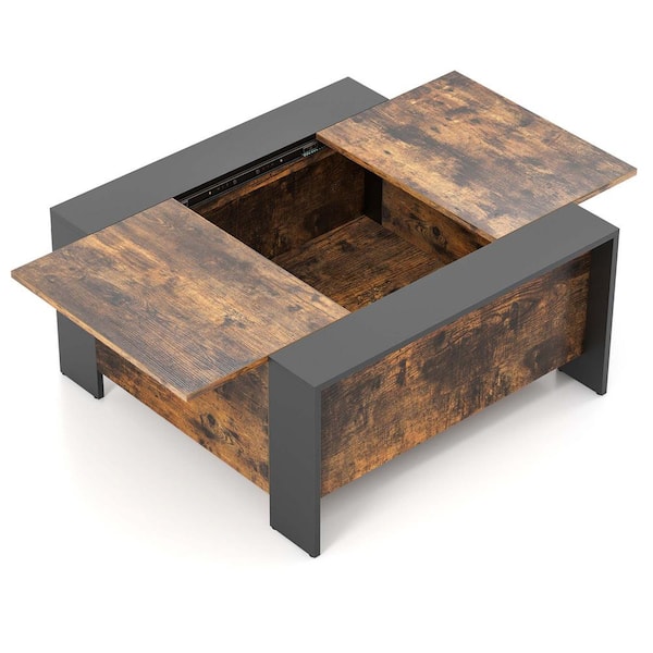 Costway 36.5 in. Walnut Square Particle Board Top Coffee Table Cocktail Tea Table with Sliding Top & Hidden Compartment