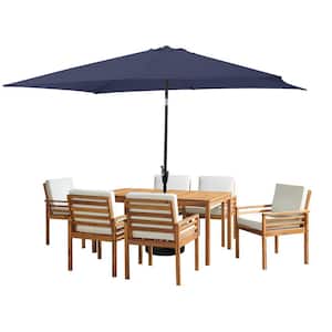 8-Piece Set, Okemo Wood Outdoor Dining Table Set with 6 Cushioned Chairs, 10 ft. Rectangular Umbrella Navy