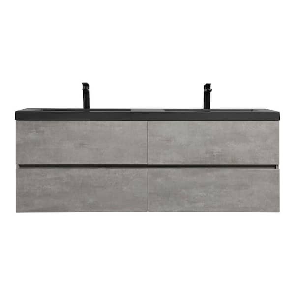 Boosicavelly 59.06 in. W Wall Mounted Bath Vanity in Gray with Black Quartz Sand Top