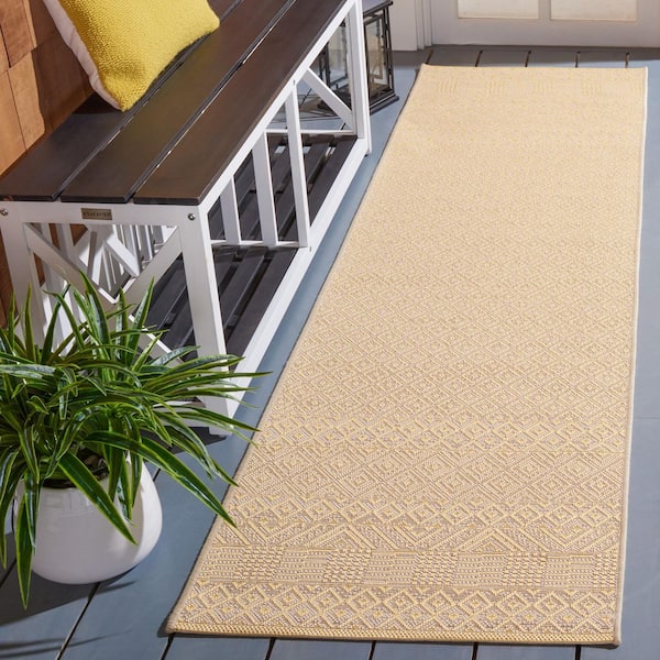 Courtyard Gold/Beige 2 ft. x 8 ft. Tribal Striped Diamonds Indoor/Outdoor Runner Rug