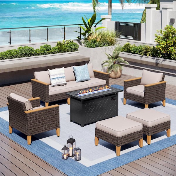 Brown Wicker Rattan 7-Seat 8-Piece Steel Outdoor Patio Conversation Set with Beige Cushions, Rectangular Fire Pit Table