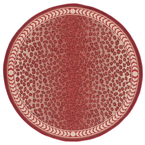Courtyard Red/Beige 7 ft. x 7 ft. Border Cheetah Indoor/Outdoor Round Area Rug