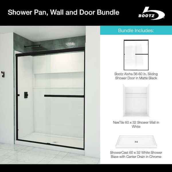 Aloha ShowerCast 60 in. x 32 in. Center Shower Pan, NexTile 60 in. x 32 in. Shower Wall and Matte Black Shower Door Kit Bootz Industries