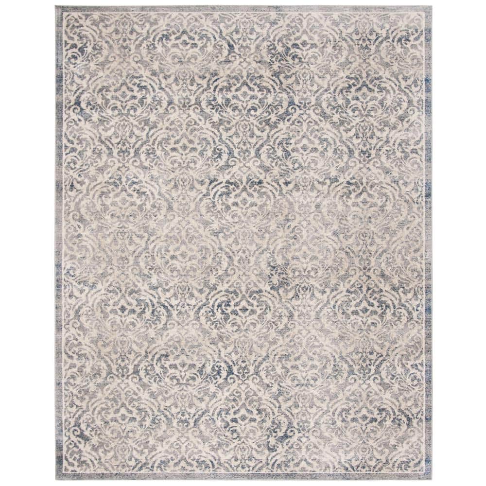 Light Grey and Blue Damask Synthetic Area Rug, 9' x 12'