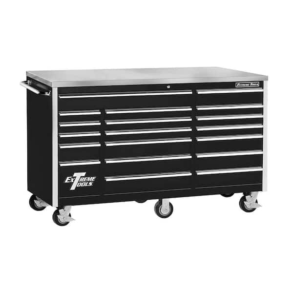 Extreme Tools 72 in. 18-Drawer Triple Bank Standard Roller Cabinet with Stainless Steel Work Surface, Black