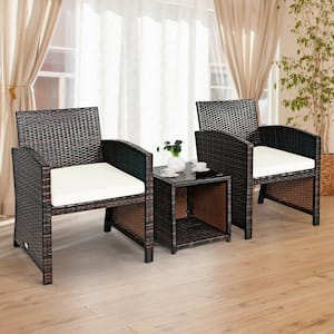 3-Piece Wicker PE Rattan Patio Conversation Set with White Cushion Sofa Coffee Table for Garden