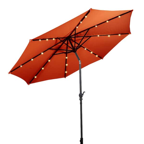 FORCLOVER 10 ft. Steel Market Patio Solar Umbrella with Crank and LED Lights in Orange