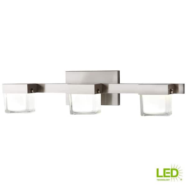 Home Decorators Collection 40-Watt Equivalent 3-Light Brushed Nickel Integrated LED Vanity Light with White Glass