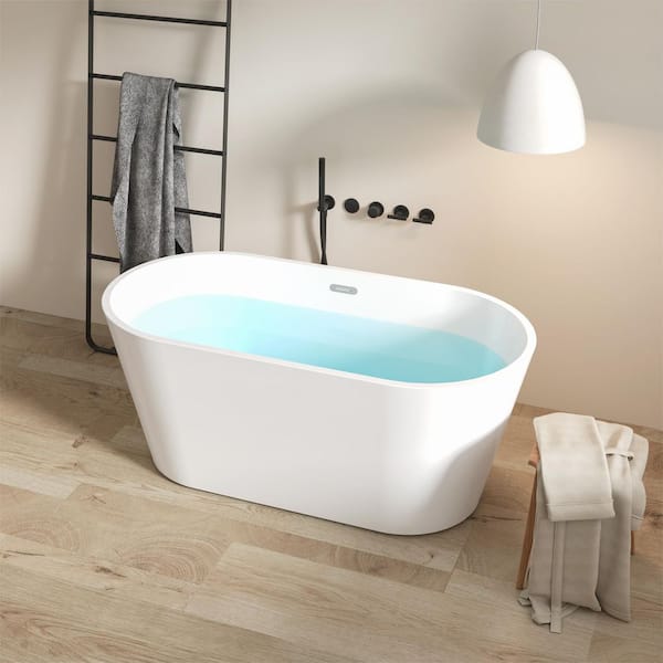 WELLFOR 59 in. x 30 in. Freestanding Soaking Bathtub in Glossy White with Chrome Center Drain