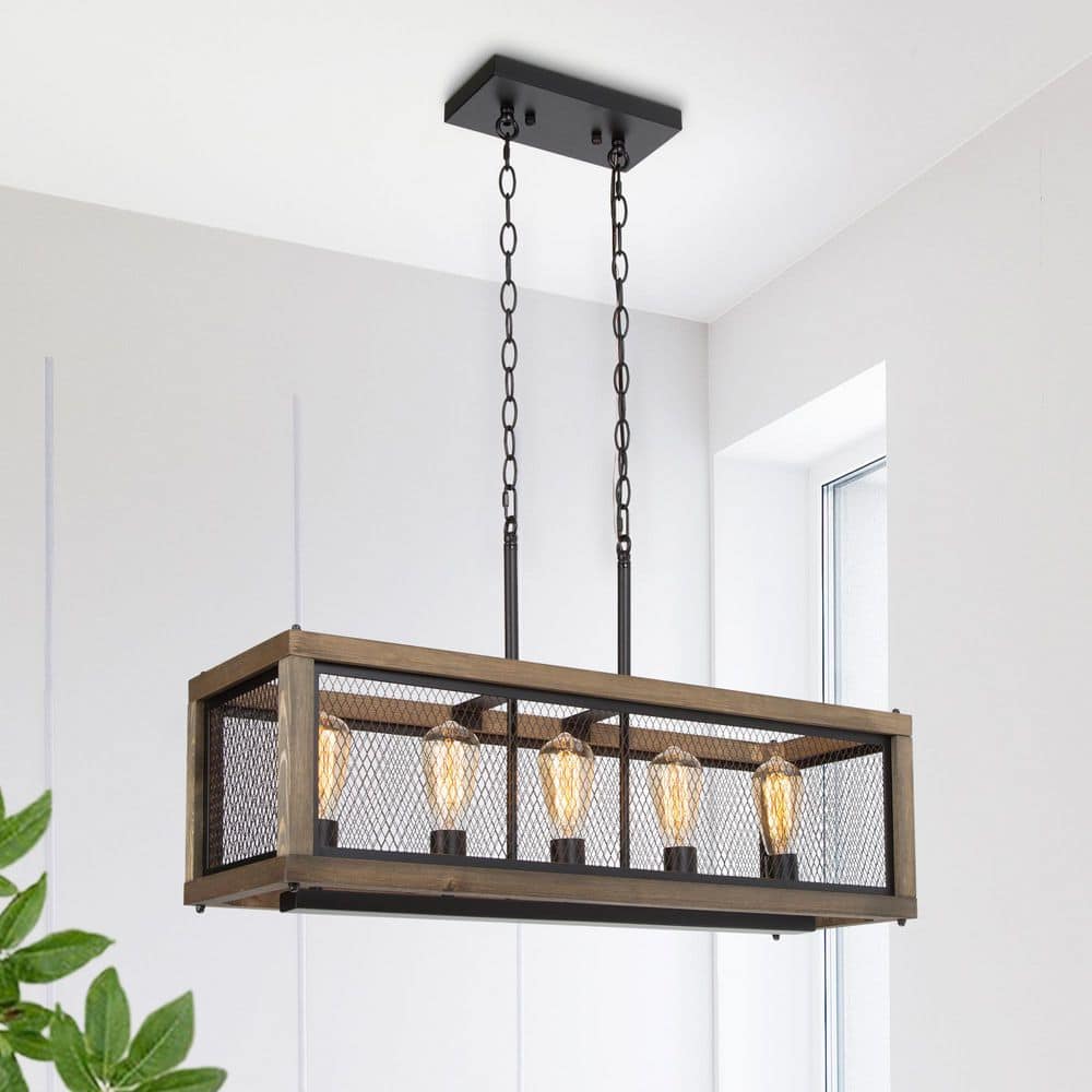 Wood Caged Chandelier, Brown Linear 5-Light Farmhouse Chandelier Black Industrial Island Pendant Light with Candle Style price history on PriceWatchPro