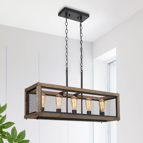 LNC Wood Caged Chandelier, Brown Linear 5-Light Farmhouse Chandelier Black Industrial Island Pendant Light with Candle Style