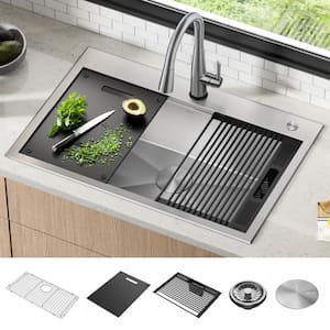 Rivet 16 Gauge Stainless Steel 33 in. Single Bowl Drop-in Workstation Kitchen Sink with WorkFlow Ledge and Accessories