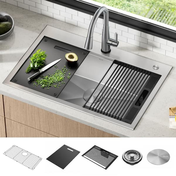 33” Workstation Kitchen Sink Drop-In Top Mount Stainless Steel Single Bowl  with WorkFlow™ Ledge and Accessories in Stainless Steel 95A932-33S-SS