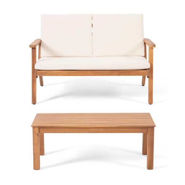 Noble House Sasha 2-Piece Brown Patina Acacia Wood Outdoor Patio Loveseat Set with Cream Cushions