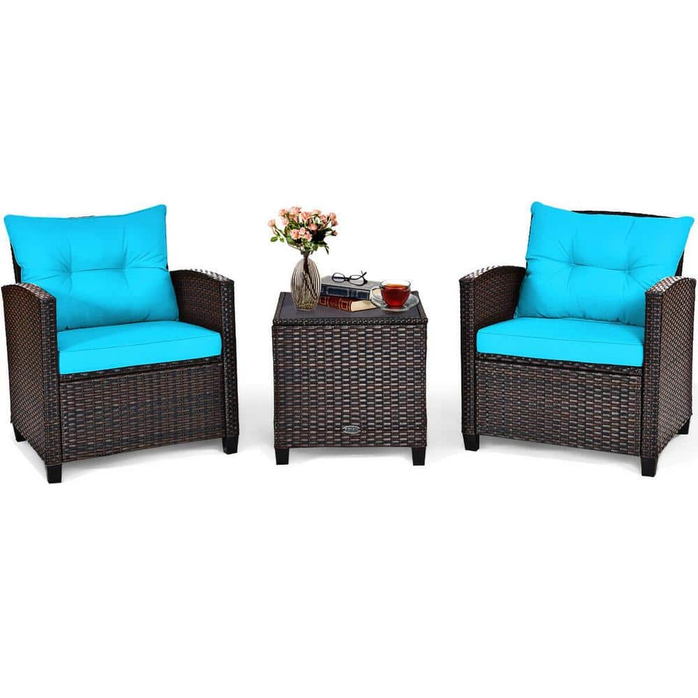 3-Piece Wicker Patio Conversation Set with Turquoise Cushion