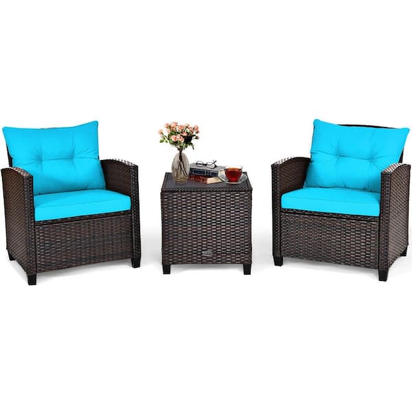 Unbranded 3-Piece Wicker Patio Conversation Set with Turquoise Cushion