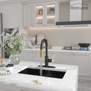 3-Spray Patterns 1.8 GPM Single Handle Pull Down Sprayer Kitchen Faucet with Deckplate in Matte Black & Brushed Gold