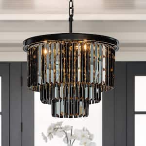 6-Lights 20 in. W Modern 3-Tier Matte Black and Smoke Crystal Chandelier Round Fringe Chandeliers for Dining Room