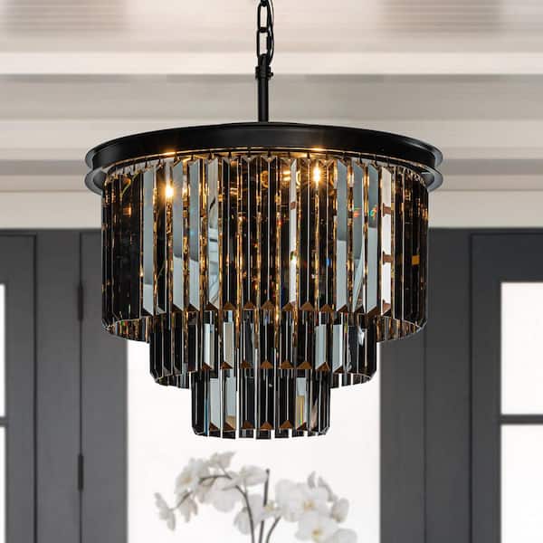 ALOA DECOR 6-Lights 20 in. W Modern 3-Tier Matte Black and Smoke Crystal Chandelier Round Fringe Chandeliers for Dining Room