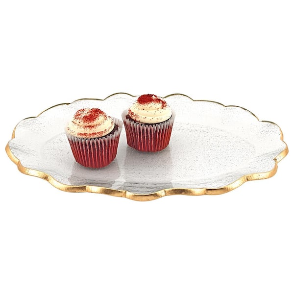 Badash Crystal 14 in. x 10 in. Gold Hand Decorated Leaf Scalloped Edge Oval Glass Serving Platter