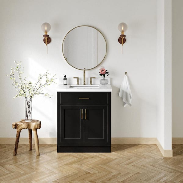 ARIEL Hepburn 30 in. Single Sink Freestanding Bathroom Vanity in Black with Pure White Quartz Top