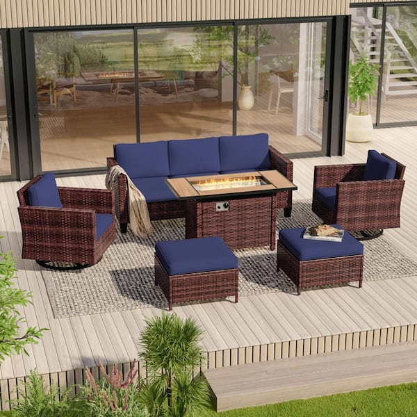 Sonkuki 6-Pieces Patio Conversation Set with Rectangle Fire Pit Table and Swivel Rocking Chairs, Brown Wicker Navy Blue Cushion