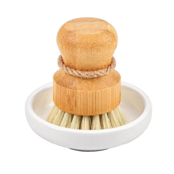 Natural Bamboo Sisal Bristle Dish Brush Set with Ceramic Holder for Kitchen Sink Cleaning and Vegetable Washing