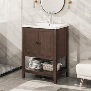 24 in. W x 17.8 in D. x 33.6 in. H Brown Modern Bath Vanity with White Ceramic Sink Top Solid Wood Frame and Open Shelf