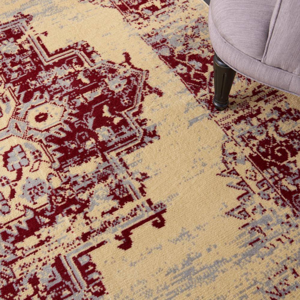 Cream and Red Medallion Synthetic 5' x 7' Area Rug