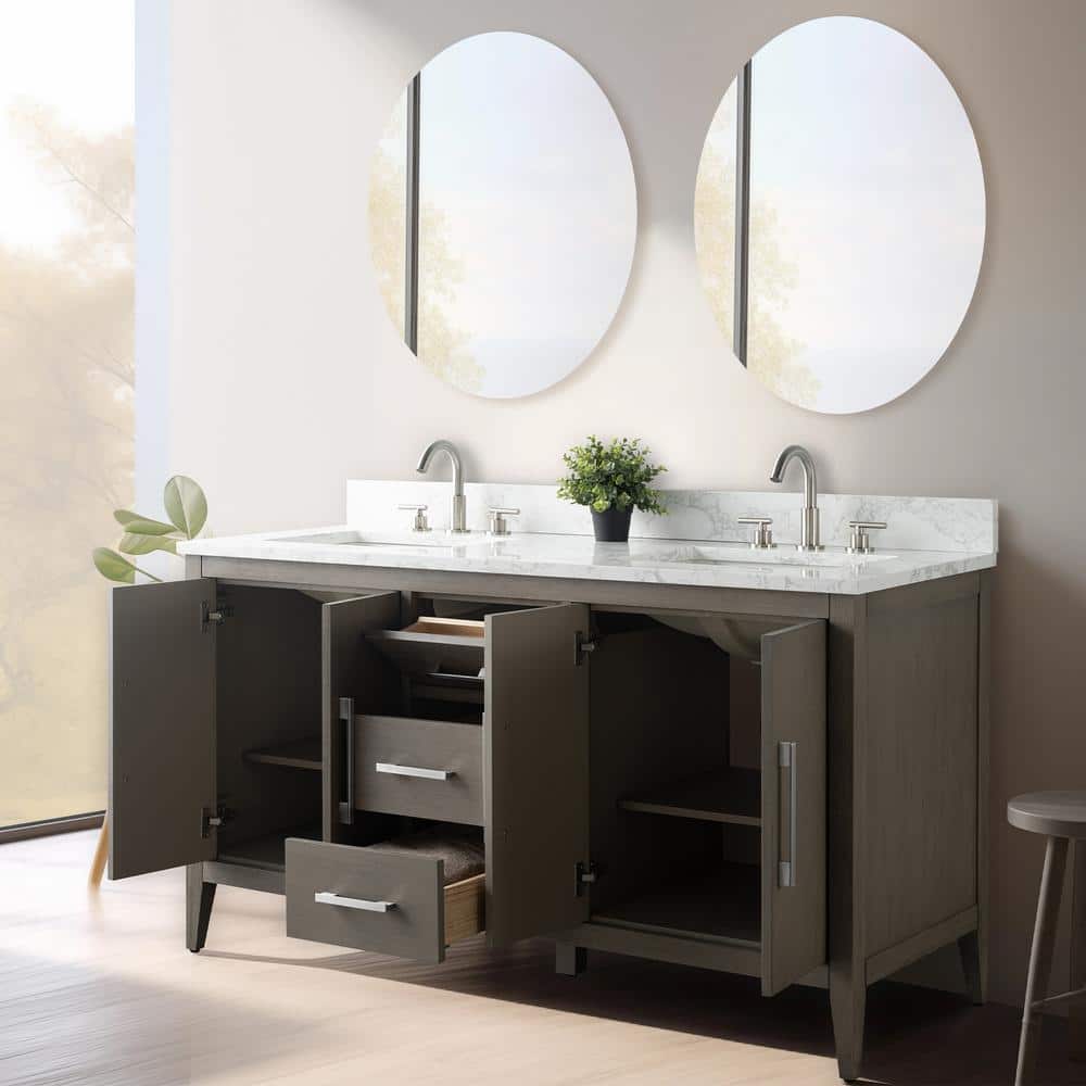 60" Driftwood Gray MDF Double Sink Freestanding Vanity with White Marble Top