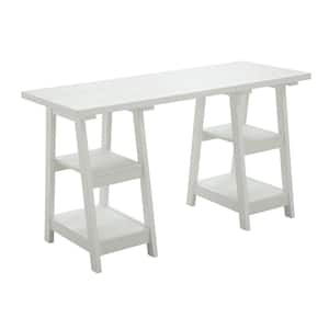 Designs2Go 54 in. Rectangular White Wood Writing Desk with Double Trestle Shelves