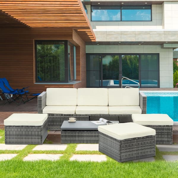 Zeus & Ruta 7-Piece Wicker Modern Patio Outdoor Sectional Set with Lift Top Coffee Table and Beige Cushions for Pool, Backyard, Lawn