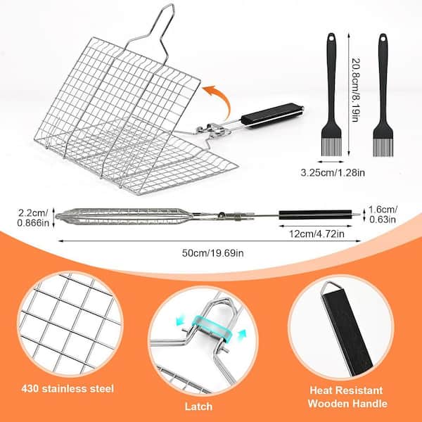 Stainless Steel Grill Basket with Storage Bag and Two Brushes for Grilling Fish, Vegetables, Shrimp and BBQ (1-Pack)