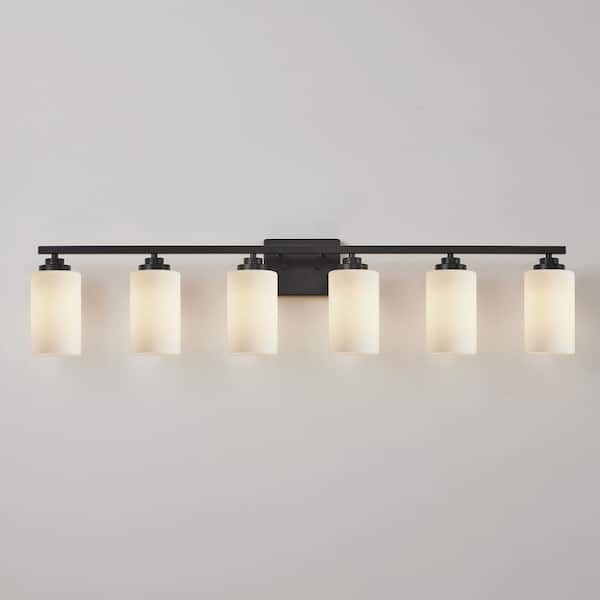 KAWOTI 43.2 in. 6-Light Black Vanity Light with Frosted Glass Shade