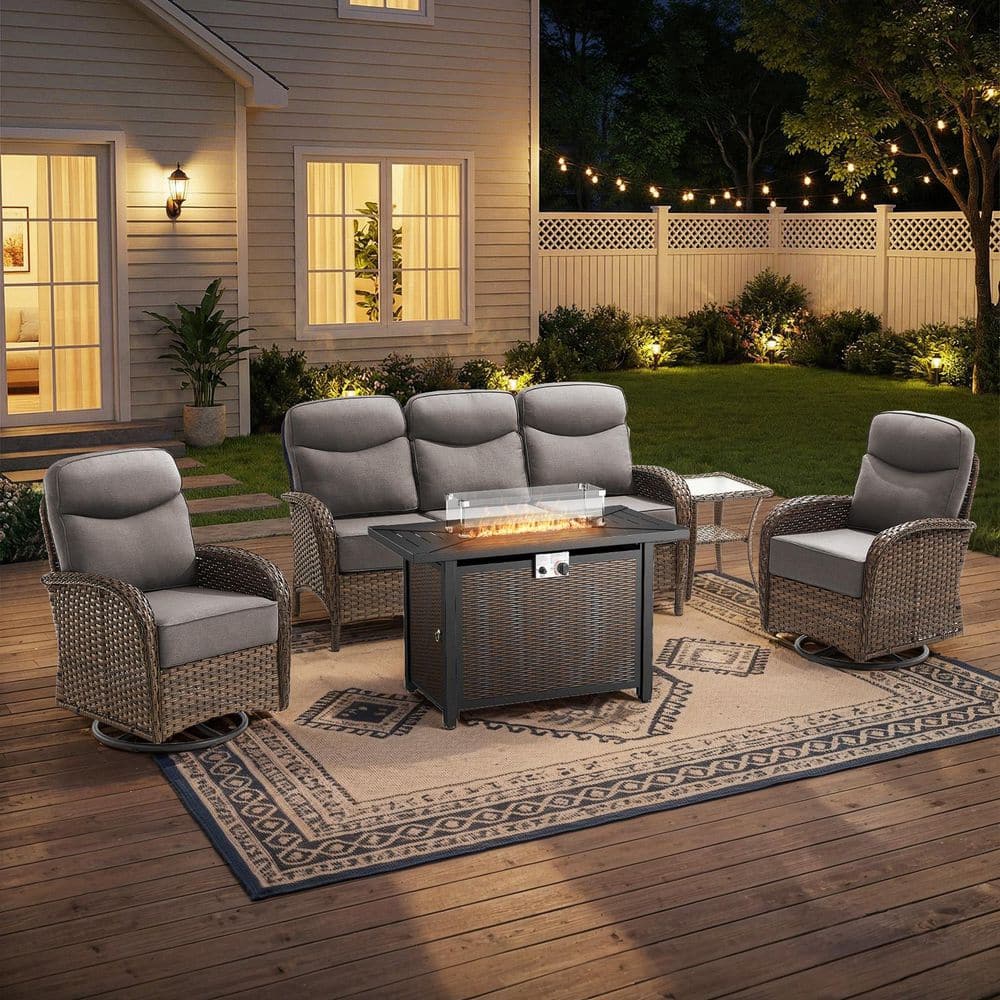 Rivieral Brown 5-Piece Wicker Patio Conversation Fire Pit Set, Outdoor Swivel Glider with 6 in. Gray Cushions price history on PriceWatchPro