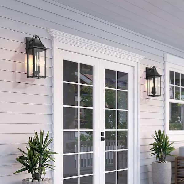 Hawaii 18 in. H 2-Bulb Black Hardwired Outdoor Wall Lantern Sconce with Dusk to Dawn (5-Pack)